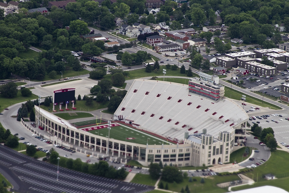 The Indiana Hoosiers and Big 10 Conference logos are seen on the Memorial  Stadium football field on the campus of Indiana University, Monday, Mar. 1,  2022, in Bloomington, Ind. (Photo by Image