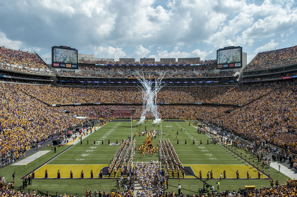 LSU exits from the locker room onto the field 